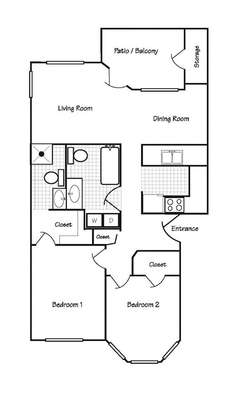 Floor plan for 2 beds, 2 baths, 950 sqft